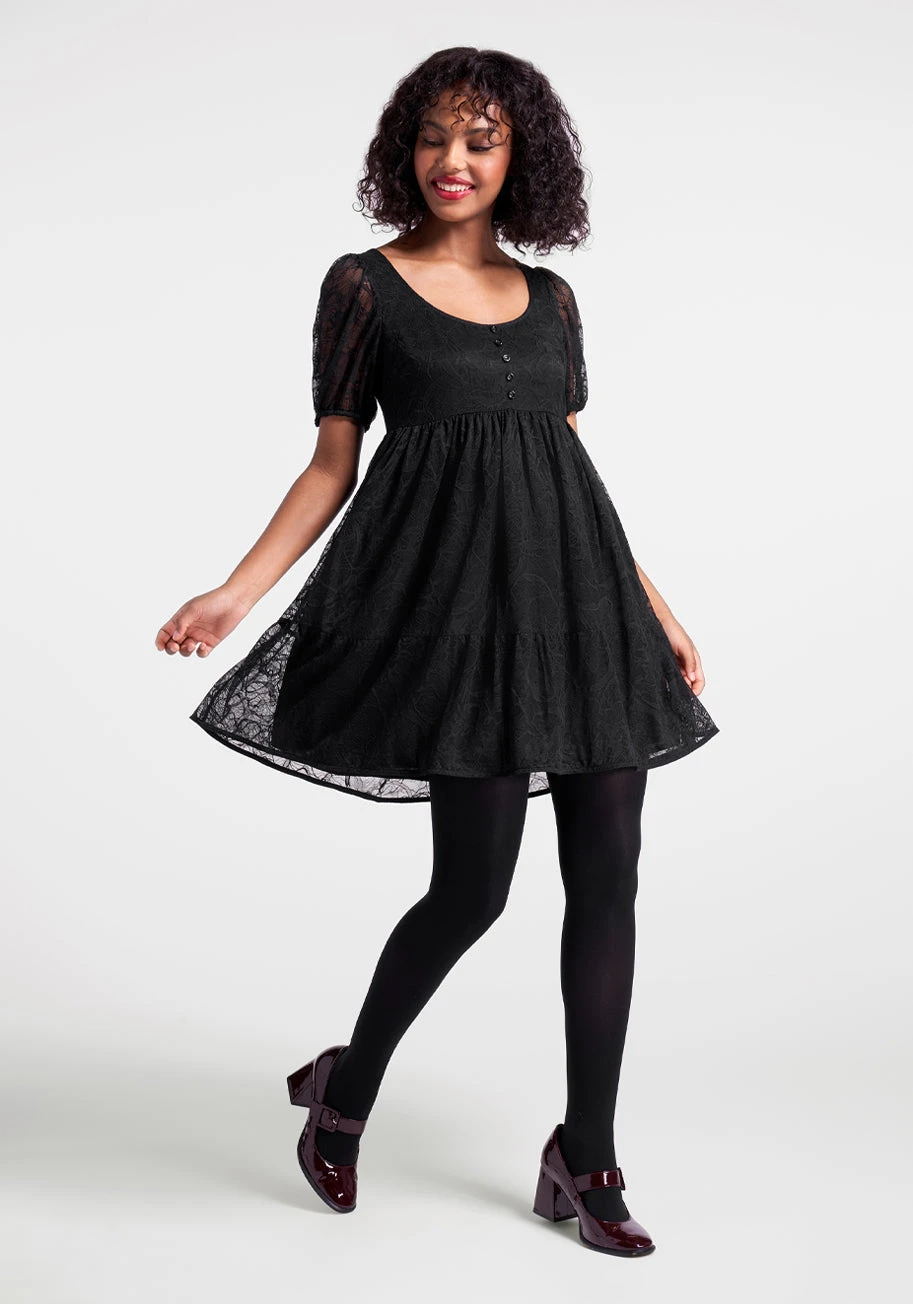 Right Lace, Right Time Black Mushroom Lace Babydoll Dress - 70s Retro Tiered Fit & Flare 5 Right Lace, Right Time Black Mushroom Lace Babydoll Dress - 70s Retro Tiered Fit & Flare - Image 3