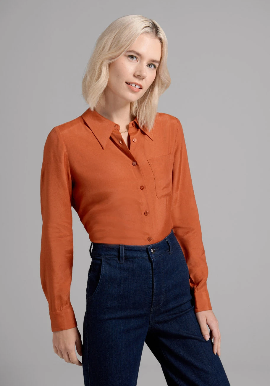 ModCloth Point In Time Deep Rust Button-Up Top – Retro Point Collar Long Sleeve Blouse 5 ModCloth Point In Time Deep Rust Button-Up Top – Retro Point Collar Long Sleeve Blouse - Image 3