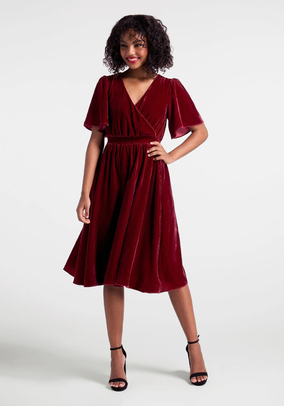 Moves Like A Dance Beetroot Red Velvet – Flutter Sleeve Surplice Neckline Midi Dress 3 Moves Like A Dance Beetroot Red Velvet – Flutter Sleeve Surplice Neckline Midi Dress