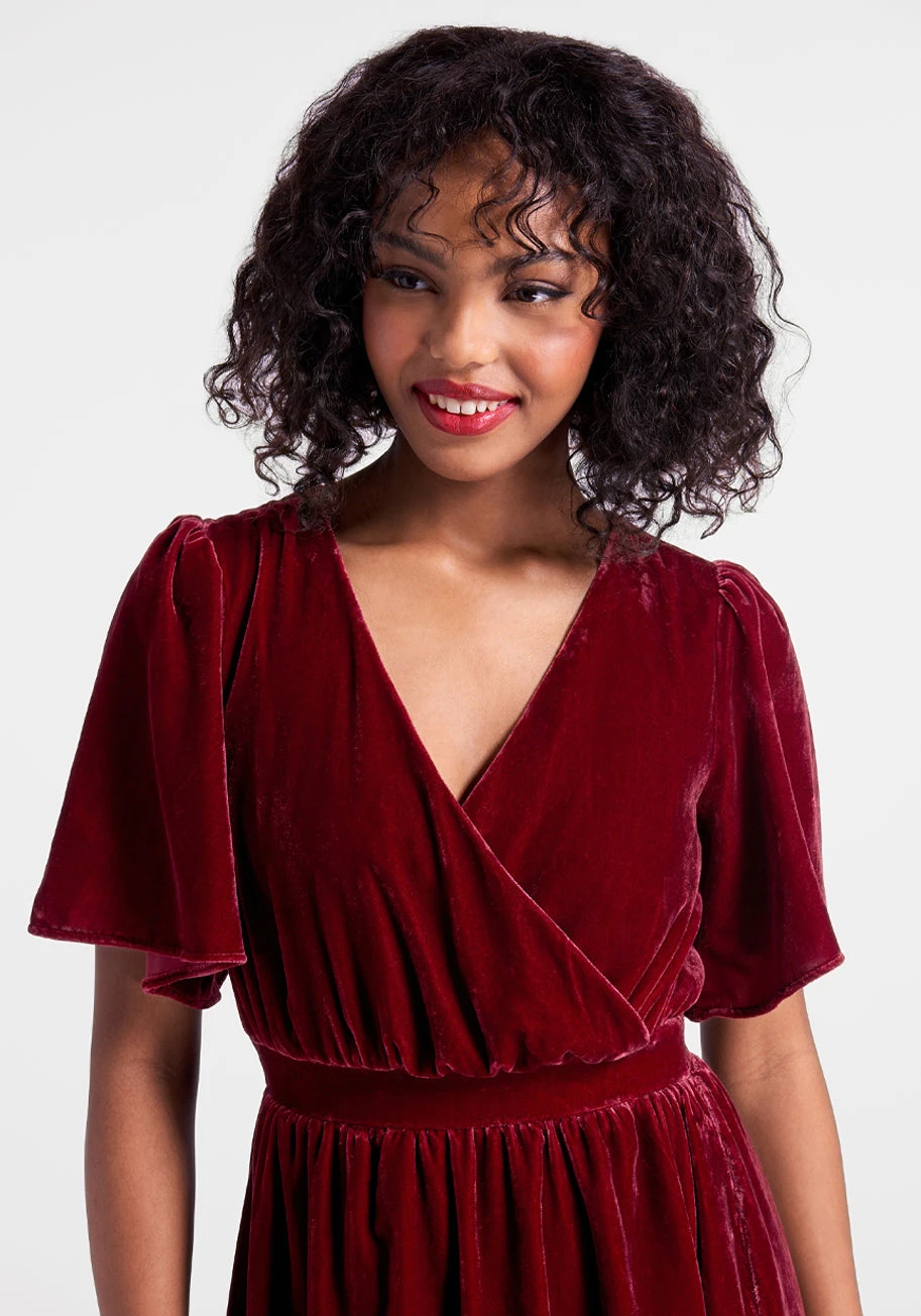 Moves Like A Dance Beetroot Red Velvet – Flutter Sleeve Surplice Neckline Midi Dress 5 Moves Like A Dance Beetroot Red Velvet – Flutter Sleeve Surplice Neckline Midi Dress - Image 3