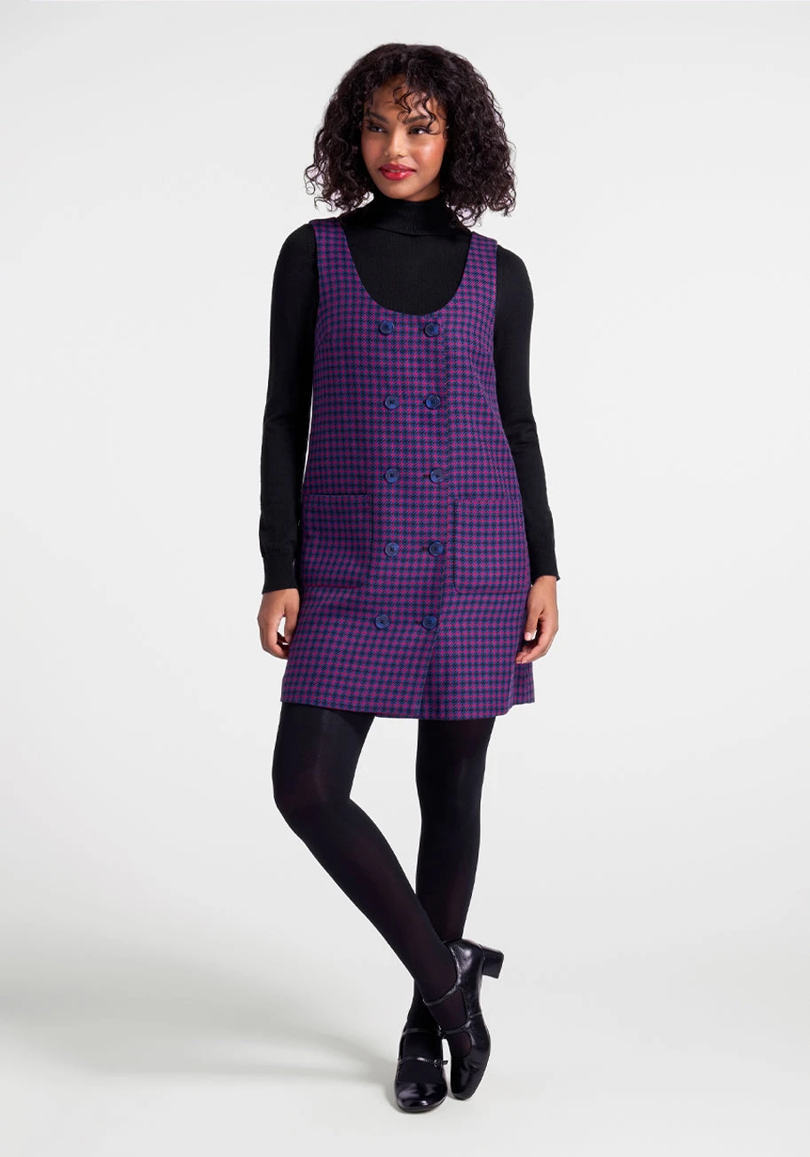 Pink and Navy Houndstooth Double-Breasted Jumper Dress – Retro 50s Pinafore 3 Pink and Navy Houndstooth Double-Breasted Jumper Dress – Retro 50s Pinafore