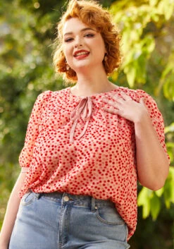 ModCloth Pink and Red Velvet Swiss Dot – Tie-Neck Sweetheart Devore Blouse -ModCloth 206644 dot devore 4