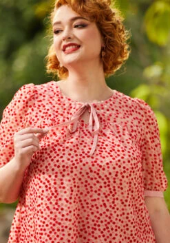 ModCloth Pink and Red Velvet Swiss Dot – Tie-Neck Sweetheart Devore Blouse -ModCloth 206644 dot devore 5