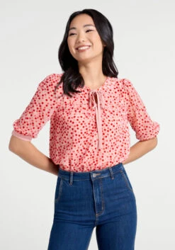 ModCloth Pink and Red Velvet Swiss Dot – Tie-Neck Sweetheart Devore Blouse -ModCloth 206644 p60002 1