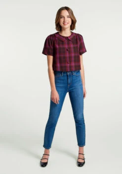 ModCloth Sugar Plum Plaid - Red and Lavender Pearl Button Peter Pan Collar Short Sleeve Jacket -ModCloth 206651 l50002 3