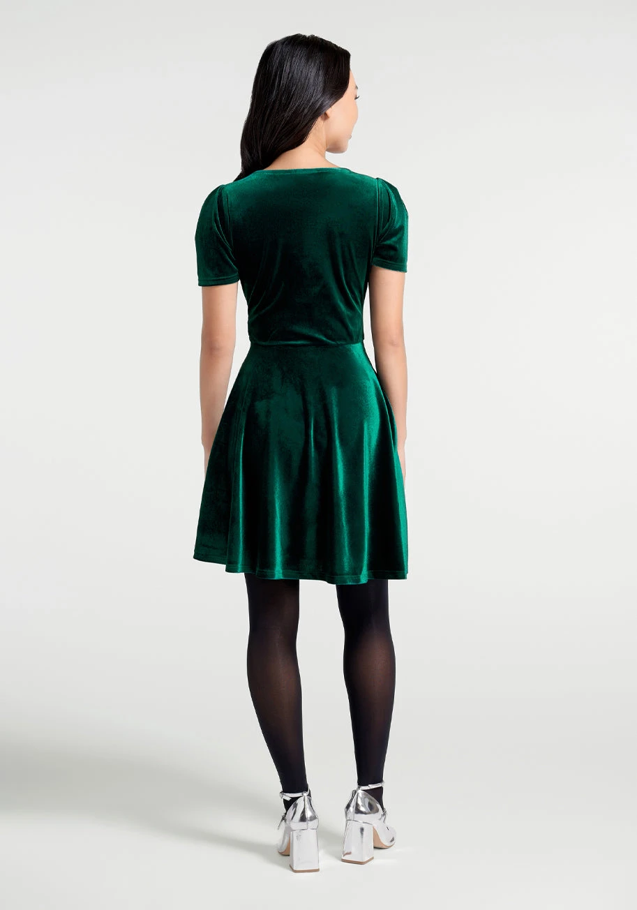 ModCloth Pine Green Velvet Party Favors – Short Puff Sleeve Fit-and-Flare Dress 4 ModCloth Pine Green Velvet Party Favors – Short Puff Sleeve Fit-and-Flare Dress - Image 2