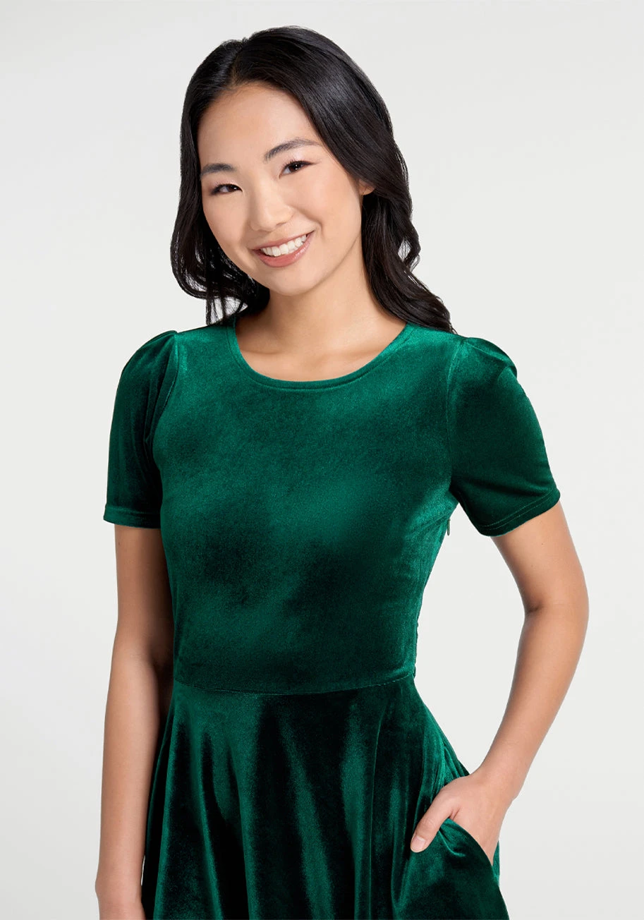 ModCloth Pine Green Velvet Party Favors – Short Puff Sleeve Fit-and-Flare Dress 5 ModCloth Pine Green Velvet Party Favors – Short Puff Sleeve Fit-and-Flare Dress - Image 3