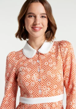 My Happy Thought Coral & Peach Checkered Floral Mini Shirtdress with Lace Peter Pan Collar -ModCloth 206773 a50008 3
