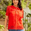 ModCloth Plus Size Heart Throb Blazing Red - Hearts Lace Peter Pan Collar Button-Up Top -ModCloth 206776 fiery red heart lace 1