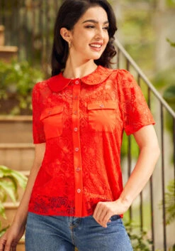 Heart Throb Button-Up Top 12 Heart Throb Button-Up Top -ModCloth 206776 fiery red heart lace 3