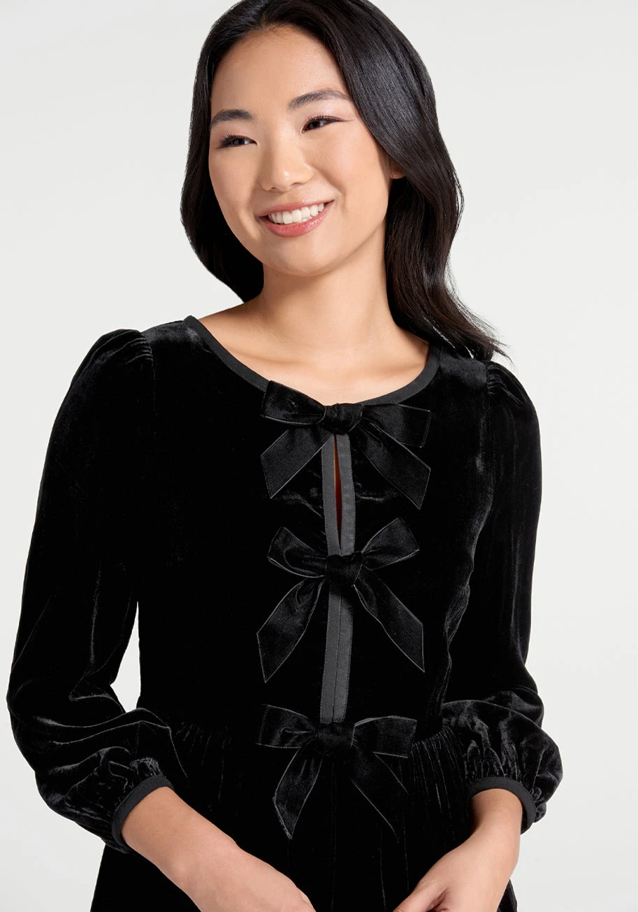 Black Velvet Split Front Mini Dress with Triple Bow Accents - Long Sleeve Event Dress 6 Black Velvet Split Front Mini Dress with Triple Bow Accents - Long Sleeve Event Dress - Image 4