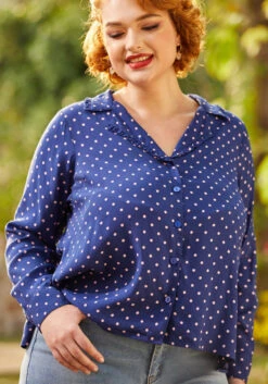 Starlet Power Navy with Pink Polka Dots – Ruffle Trim Vintage Button-Down Blouse -ModCloth 206832 dotty or nice 10