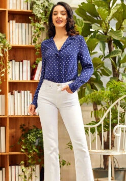 Starlet Power Navy with Pink Polka Dots – Ruffle Trim Vintage Button-Down Blouse -ModCloth 206832 dotty or nice 3