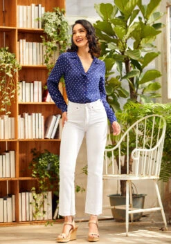 Starlet Power Navy with Pink Polka Dots – Ruffle Trim Vintage Button-Down Blouse -ModCloth 206832 dotty or nice 4