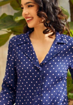 Starlet Power Navy with Pink Polka Dots – Ruffle Trim Vintage Button-Down Blouse -ModCloth 206832 dotty or nice 6