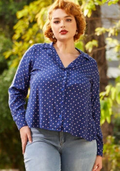 Starlet Power Navy with Pink Polka Dots – Ruffle Trim Vintage Button-Down Blouse -ModCloth 206832 dotty or nice 7