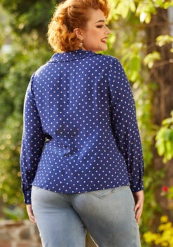 Starlet Power Navy with Pink Polka Dots – Ruffle Trim Vintage Button-Down Blouse -ModCloth 206832 dotty or nice 8