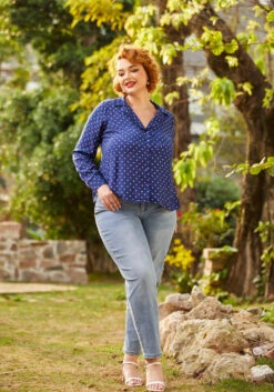 Starlet Power Navy with Pink Polka Dots – Ruffle Trim Vintage Button-Down Blouse -ModCloth 206832 dotty or nice 9