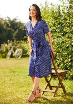 ModCloth Playing House Navy & Pink Polka Dot Shirt Dress – 1940s Vintage Midi Dress -ModCloth 206833 dotty or nice 3