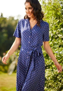 ModCloth Playing House Navy & Pink Polka Dot Shirt Dress – 1940s Vintage Midi Dress -ModCloth 206833 dotty or nice 4