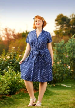 ModCloth Playing House Navy & Pink Polka Dot Shirt Dress – 1940s Vintage Midi Dress -ModCloth 206833 dotty or nice 5