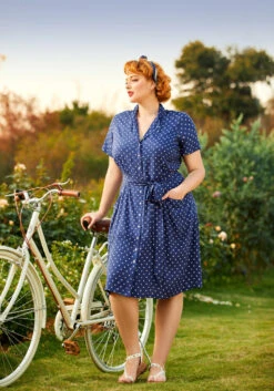 ModCloth Playing House Navy & Pink Polka Dot Shirt Dress – 1940s Vintage Midi Dress -ModCloth 206833 dotty or nice 7