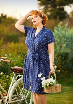 ModCloth Playing House Navy & Pink Polka Dot Shirt Dress – 1940s Vintage Midi Dress -ModCloth 206833 dotty or nice 8