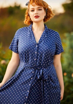 ModCloth Playing House Navy & Pink Polka Dot Shirt Dress – 1940s Vintage Midi Dress -ModCloth 206833 dotty or nice 9