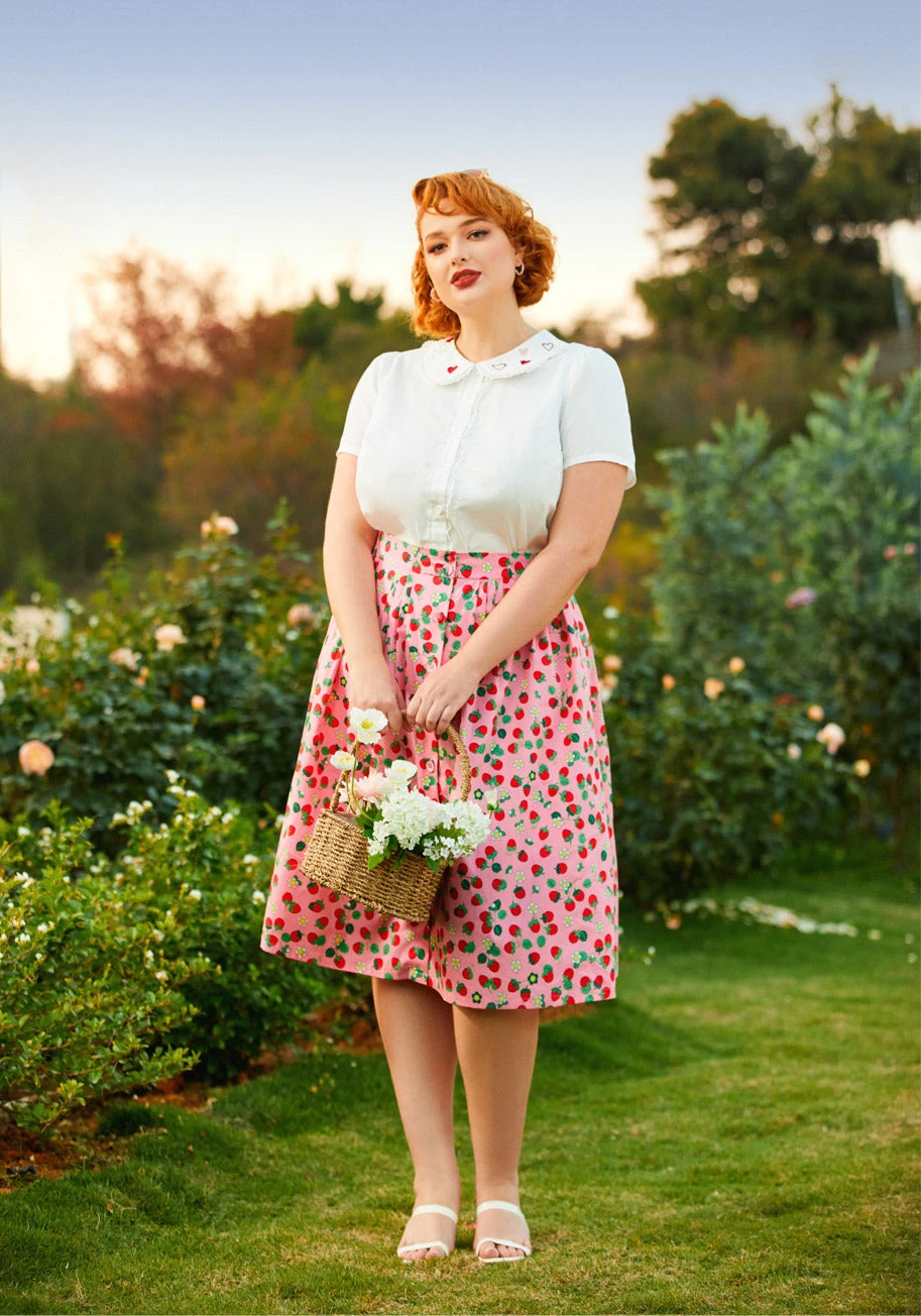 ModCloth Pink Strawberry Dream Print A-Line Skirt – Vintage High-Rise Button-Front Midi Skirt 7 ModCloth Pink Strawberry Dream Print A-Line Skirt – Vintage High-Rise Button-Front Midi Skirt - Image 5