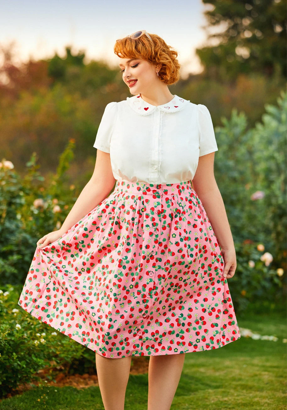 ModCloth Pink Strawberry Dream Print A-Line Skirt – Vintage High-Rise Button-Front Midi Skirt 8 ModCloth Pink Strawberry Dream Print A-Line Skirt – Vintage High-Rise Button-Front Midi Skirt - Image 6