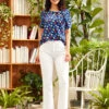 ModCloth Navy Blue Ditsy Floral Side-Tie Funnel Neck Vintage Blouse