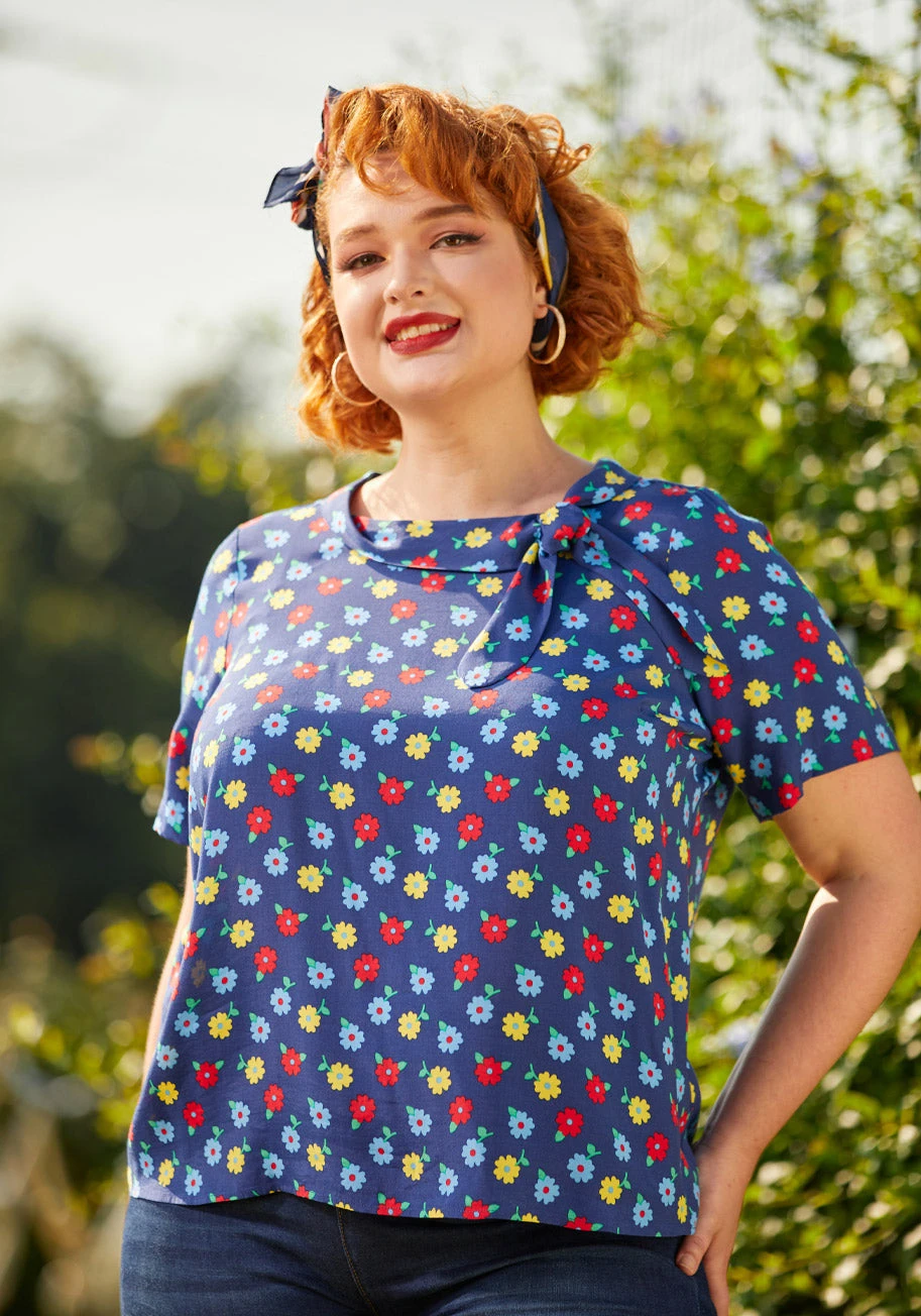 ModCloth Navy Blue Ditsy Floral Side-Tie Funnel Neck Vintage Blouse 12 ModCloth Navy Blue Ditsy Floral Side-Tie Funnel Neck Vintage Blouse - Image 10