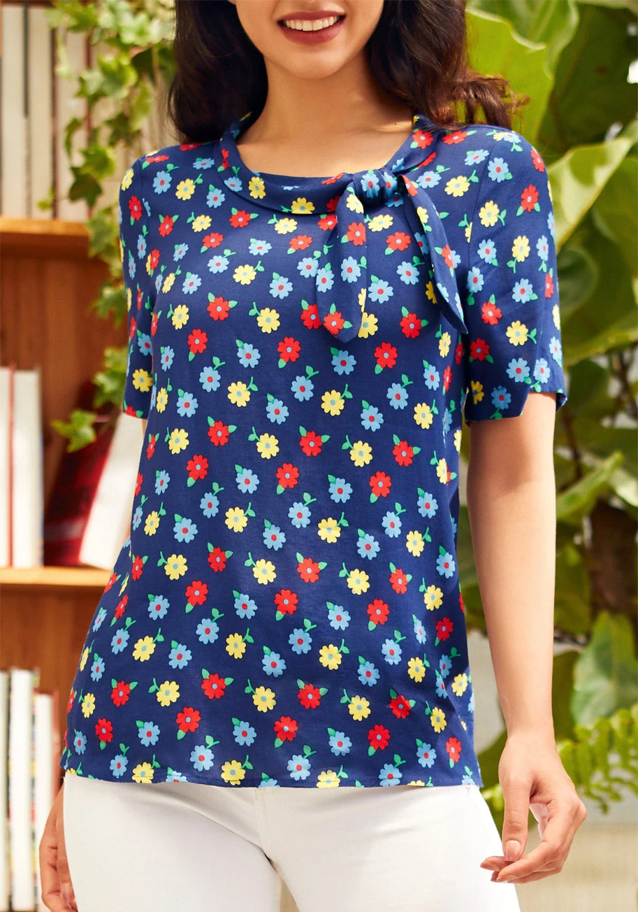 ModCloth Navy Blue Ditsy Floral Side-Tie Funnel Neck Vintage Blouse 4 ModCloth Navy Blue Ditsy Floral Side-Tie Funnel Neck Vintage Blouse - Image 2