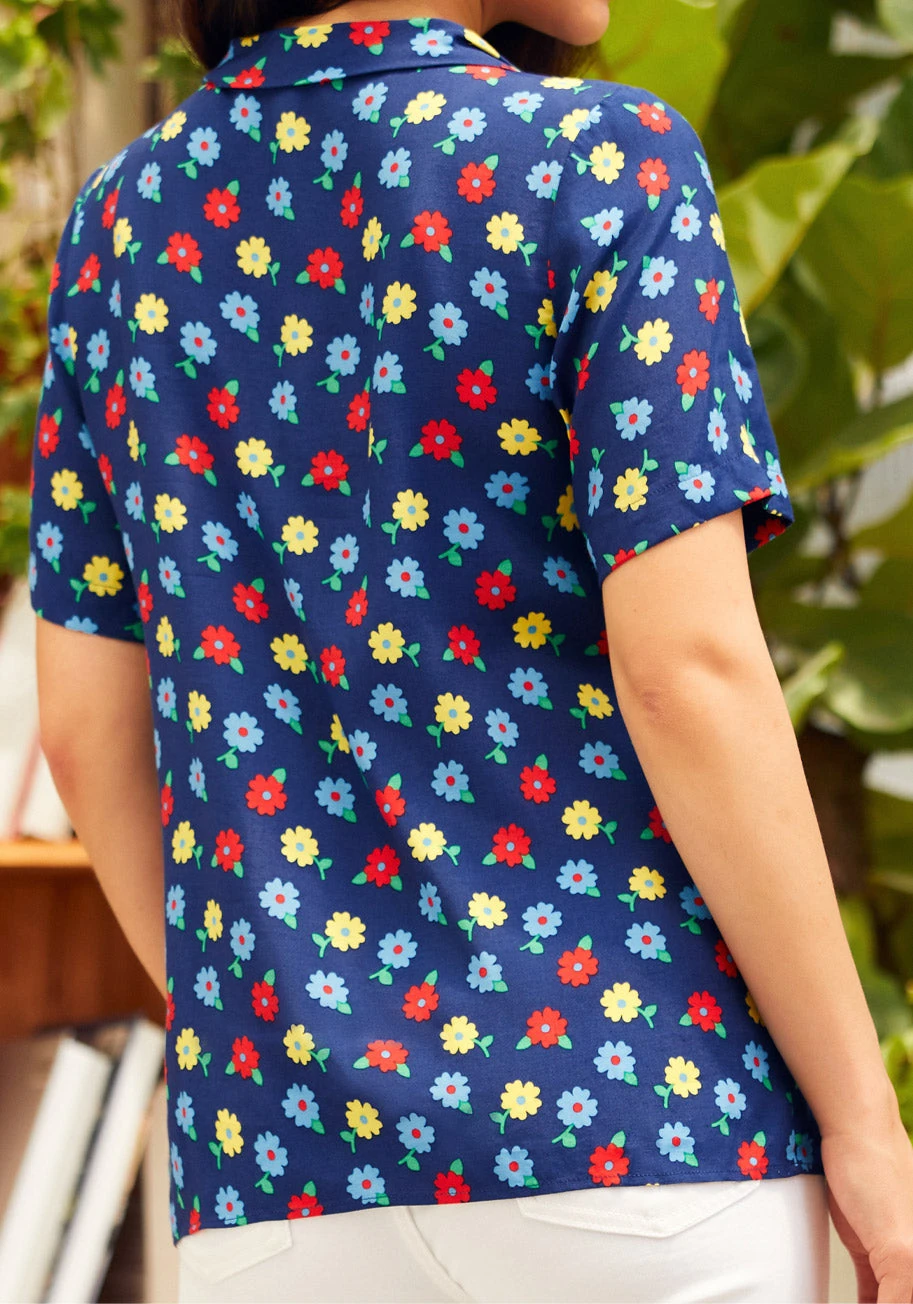 ModCloth Navy Blue Ditsy Floral Side-Tie Funnel Neck Vintage Blouse 5 ModCloth Navy Blue Ditsy Floral Side-Tie Funnel Neck Vintage Blouse - Image 3