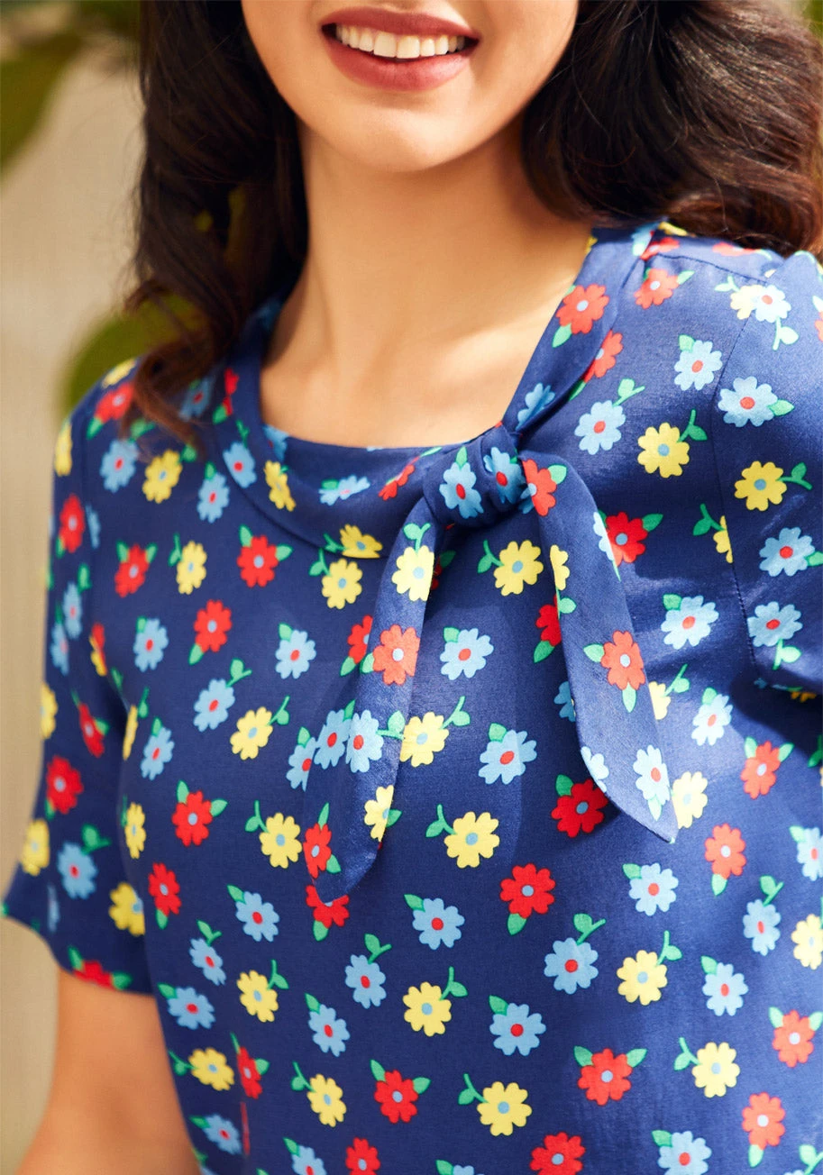 ModCloth Navy Blue Ditsy Floral Side-Tie Funnel Neck Vintage Blouse 7 ModCloth Navy Blue Ditsy Floral Side-Tie Funnel Neck Vintage Blouse - Image 5