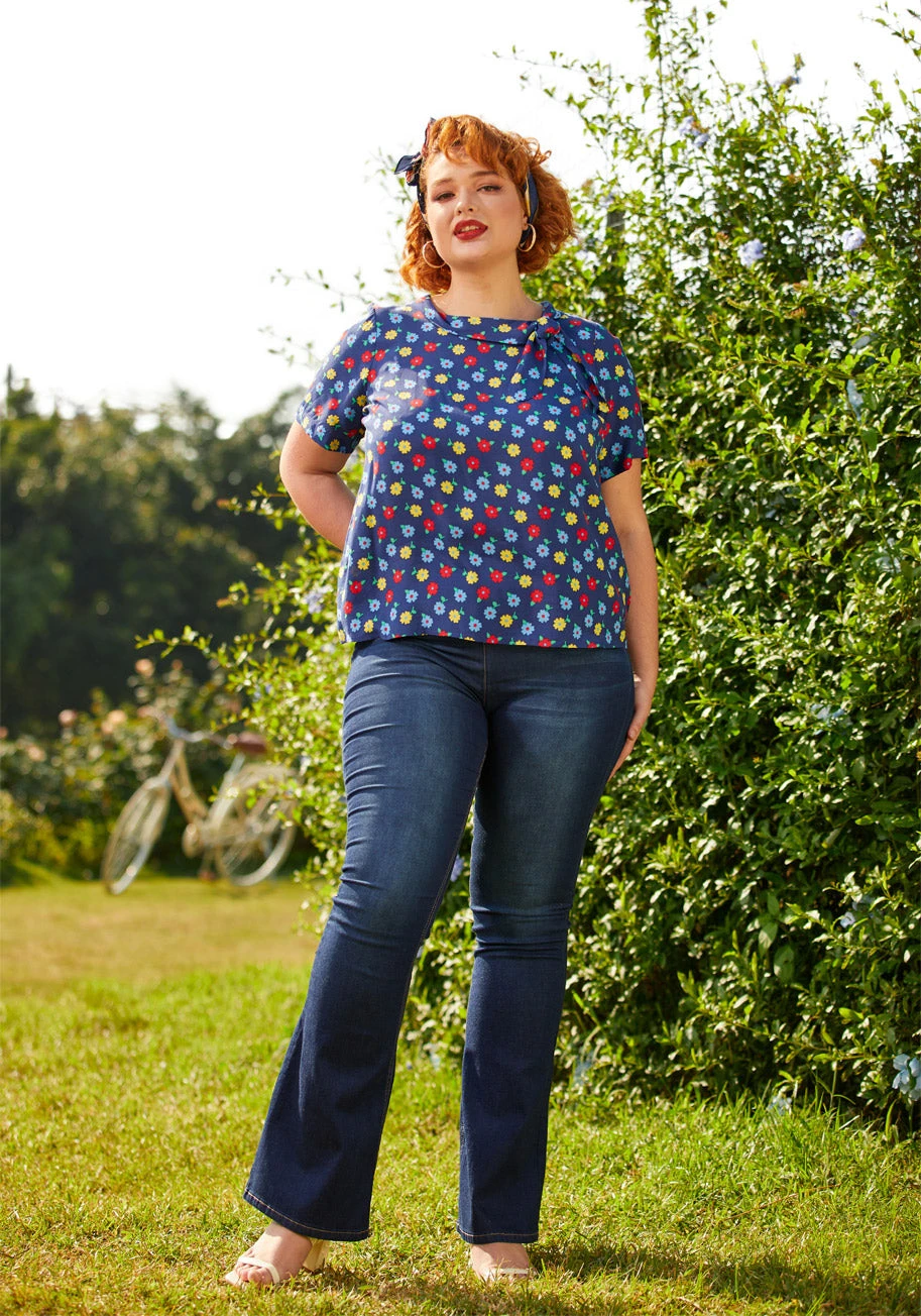 ModCloth Navy Blue Ditsy Floral Side-Tie Funnel Neck Vintage Blouse 8 ModCloth Navy Blue Ditsy Floral Side-Tie Funnel Neck Vintage Blouse - Image 6