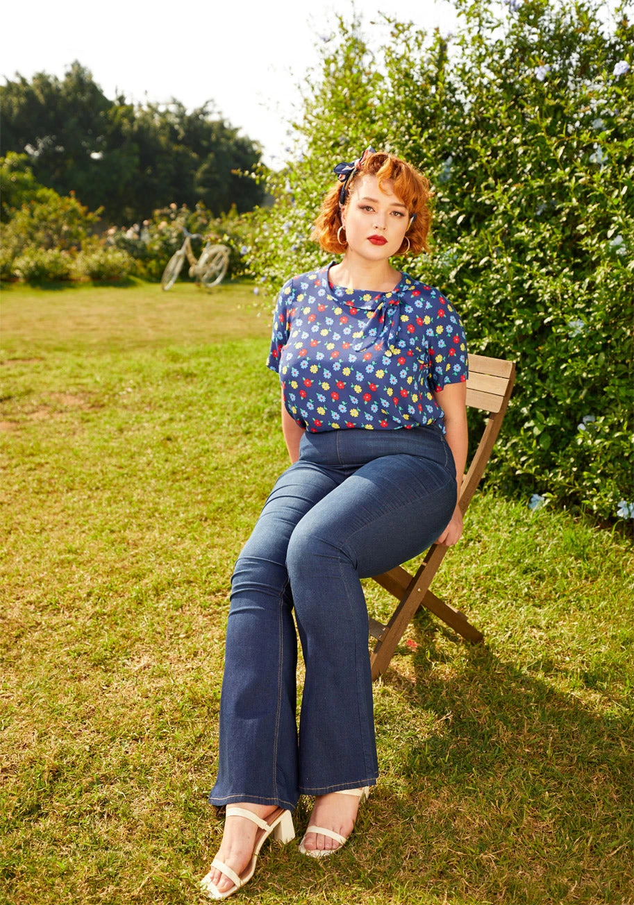 ModCloth Navy Blue Ditsy Floral Side-Tie Funnel Neck Vintage Blouse 11 ModCloth Navy Blue Ditsy Floral Side-Tie Funnel Neck Vintage Blouse - Image 9