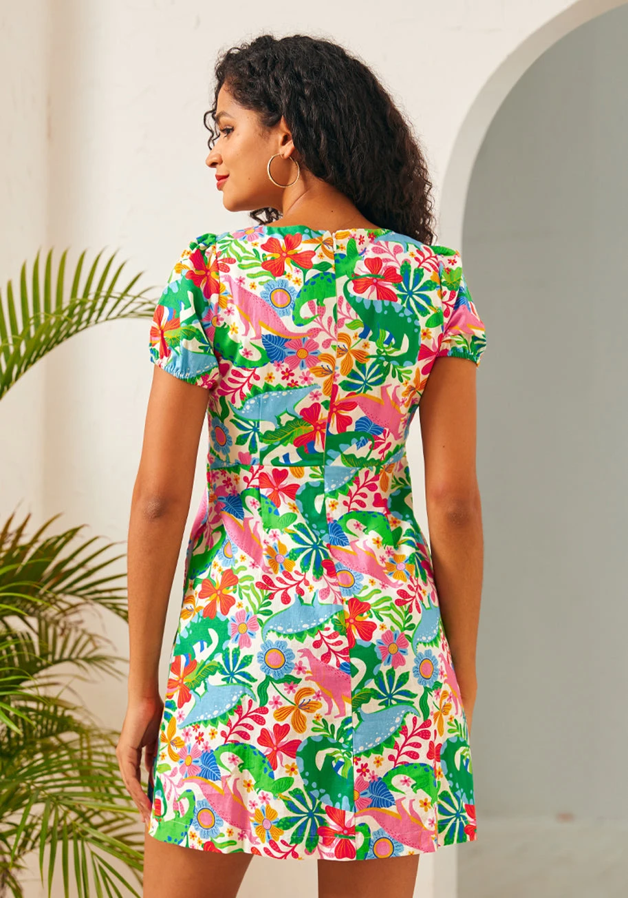 ModCloth Time-Twister Dinosaur Print Linen-Blend Mini Dress – Puff Sleeve Babydoll Dress 6 ModCloth Time-Twister Dinosaur Print Linen-Blend Mini Dress – Puff Sleeve Babydoll Dress - Image 4