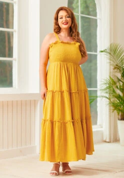 Glimmering Goddess Mustard Yellow – Tiered Sleeveless Cotton Maxi Dress -ModCloth 207253 GOLD NUGGET PLUS 1