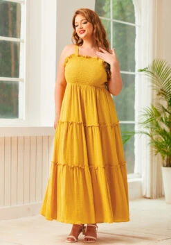 Glimmering Goddess Mustard Yellow – Tiered Sleeveless Cotton Maxi Dress -ModCloth 207253 GOLD NUGGET PLUS 2