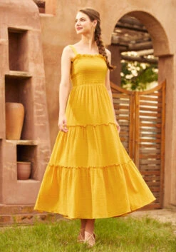 Glimmering Goddess Mustard Yellow – Tiered Sleeveless Cotton Maxi Dress -ModCloth 207253 gold nugget 1Large