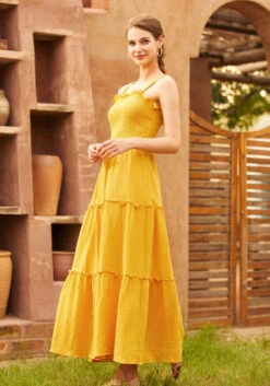 Glimmering Goddess Mustard Yellow – Tiered Sleeveless Cotton Maxi Dress -ModCloth 207253 gold nugget 2Large