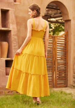 Glimmering Goddess Mustard Yellow – Tiered Sleeveless Cotton Maxi Dress -ModCloth 207253 gold nugget 3Large