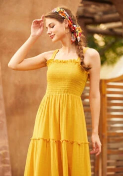 Glimmering Goddess Mustard Yellow – Tiered Sleeveless Cotton Maxi Dress -ModCloth 207253 gold nugget 6Large
