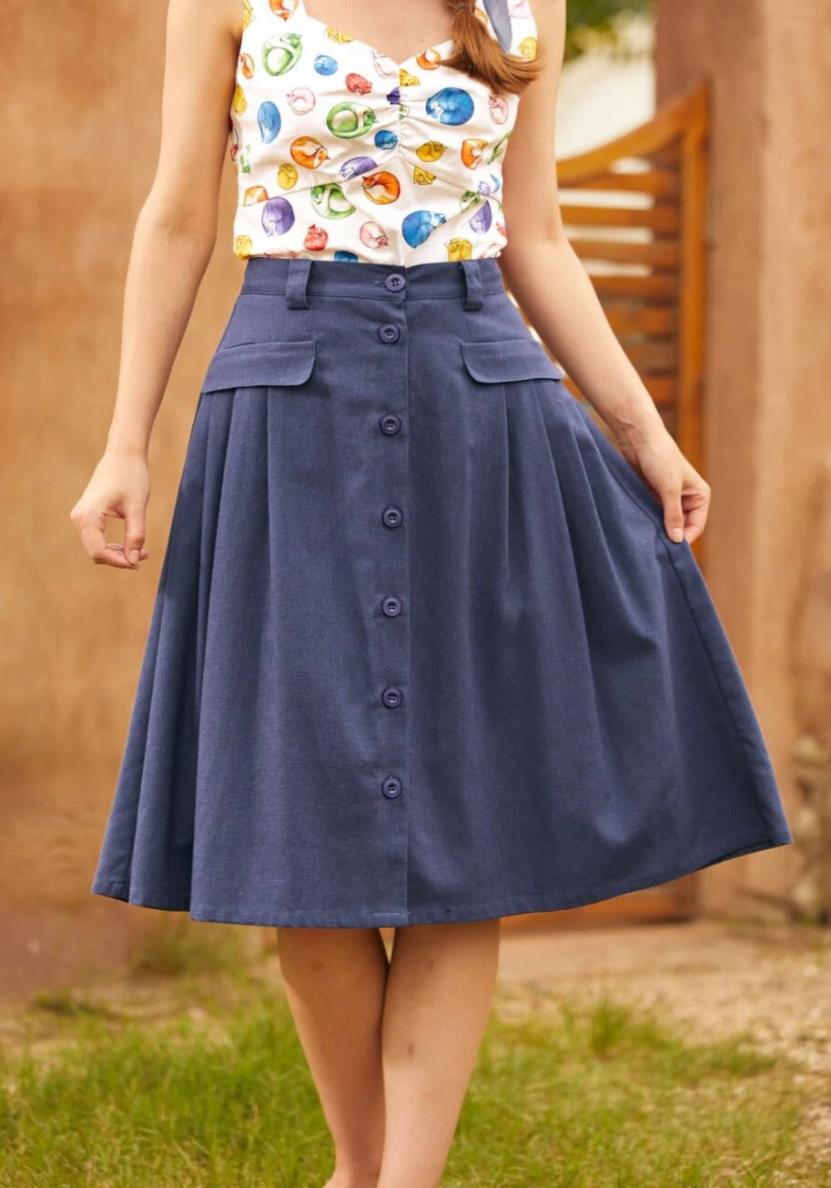 Effortless Feature Navy Blue Pleated Midi Skirt – Linen Blend Button-Down with Pocket Flaps 4 Effortless Feature Navy Blue Pleated Midi Skirt – Linen Blend Button-Down with Pocket Flaps - Image 2