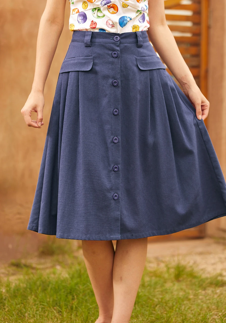Effortless Feature Navy Blue Pleated Midi Skirt – Linen Blend Button-Down with Pocket Flaps 3 Effortless Feature Navy Blue Pleated Midi Skirt – Linen Blend Button-Down with Pocket Flaps