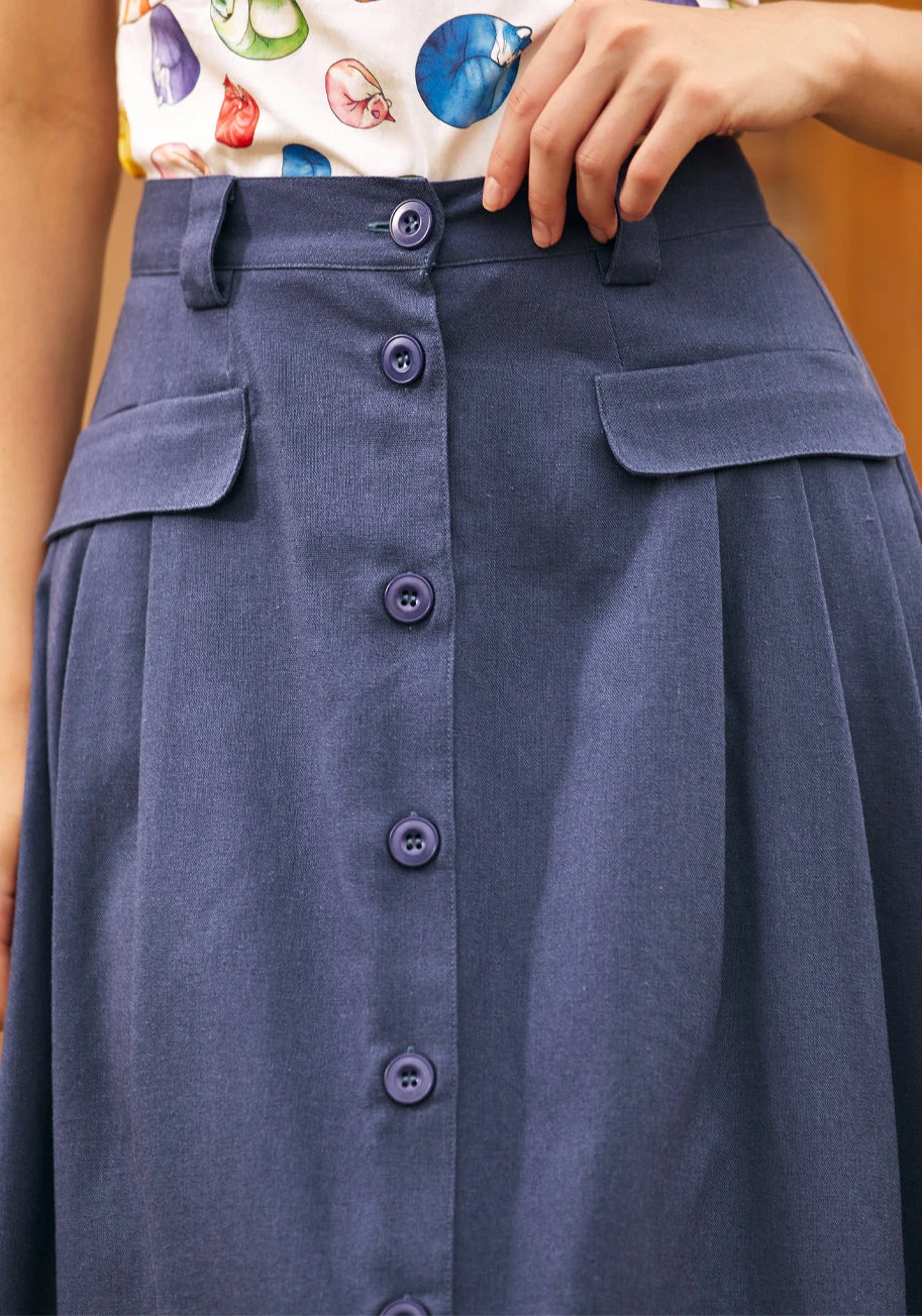 Effortless Feature Navy Blue Pleated Midi Skirt – Linen Blend Button-Down with Pocket Flaps 5 Effortless Feature Navy Blue Pleated Midi Skirt – Linen Blend Button-Down with Pocket Flaps - Image 3