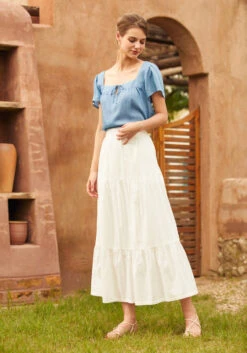 ModCloth Fit To Be Tied Blue Chambray Blouse – Square Neck Bell Sleeve Tie Front Top -ModCloth 207311 chambray 2