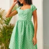 ModCloth Whispers of Sweetness Green Polka Dot - Sweetheart Neckline Fit and Flare Dress