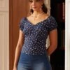 ModCloth Blossom Boulevard Navy Floral – Puff Sleeve Scoop Neck Slim Fit Top -ModCloth 207419 NVYFL 1